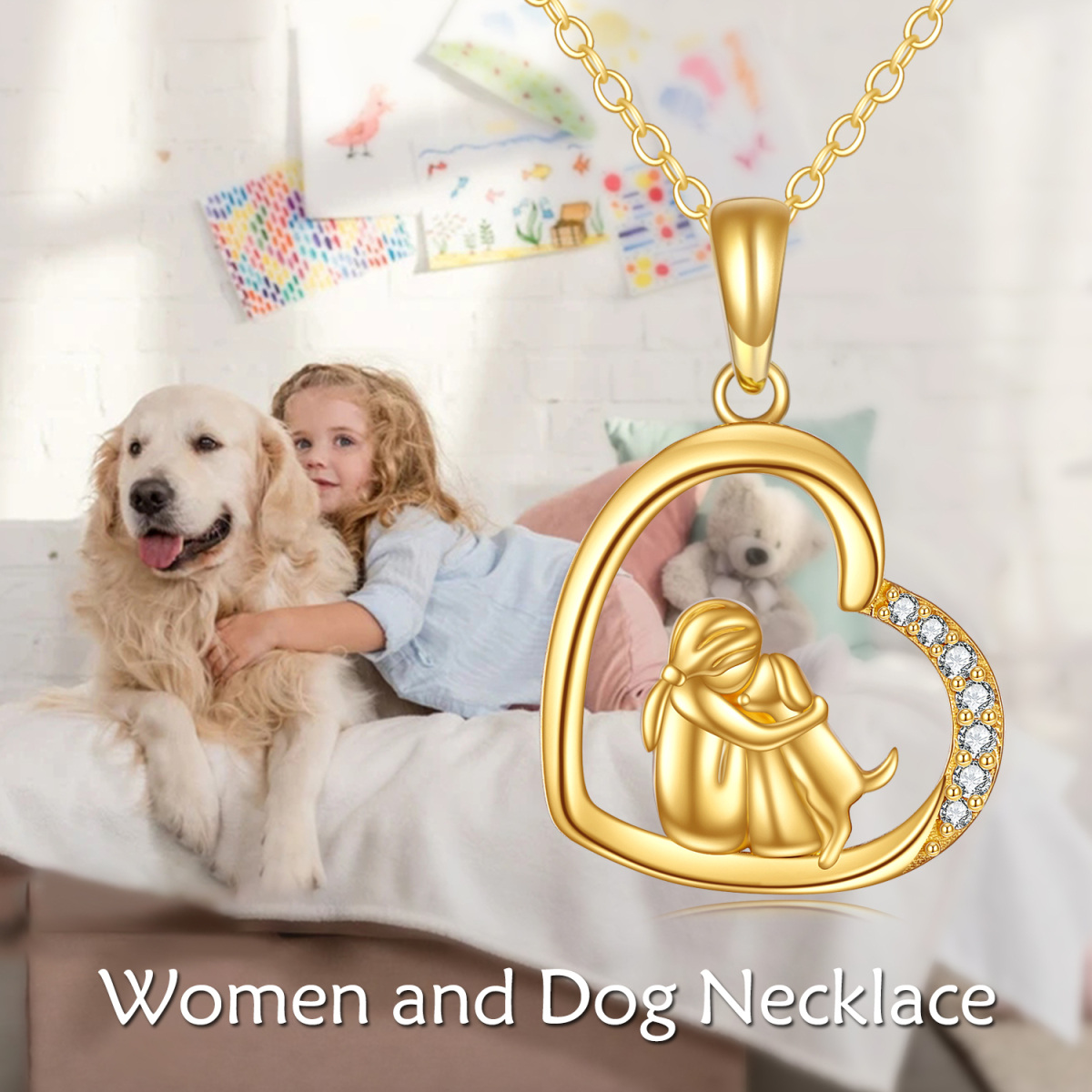 10K Gold Zircon Dog & Heart Pendant Necklace-6