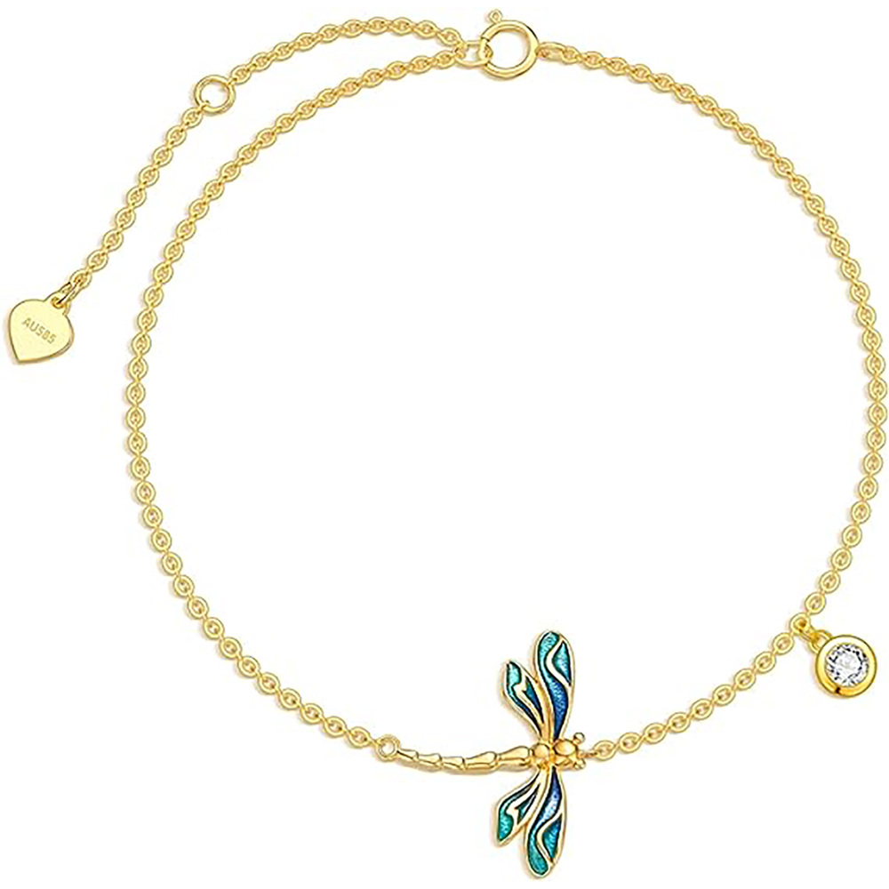 10K Gold Zircon Dragonfly Single Layer Charm Anklet-1