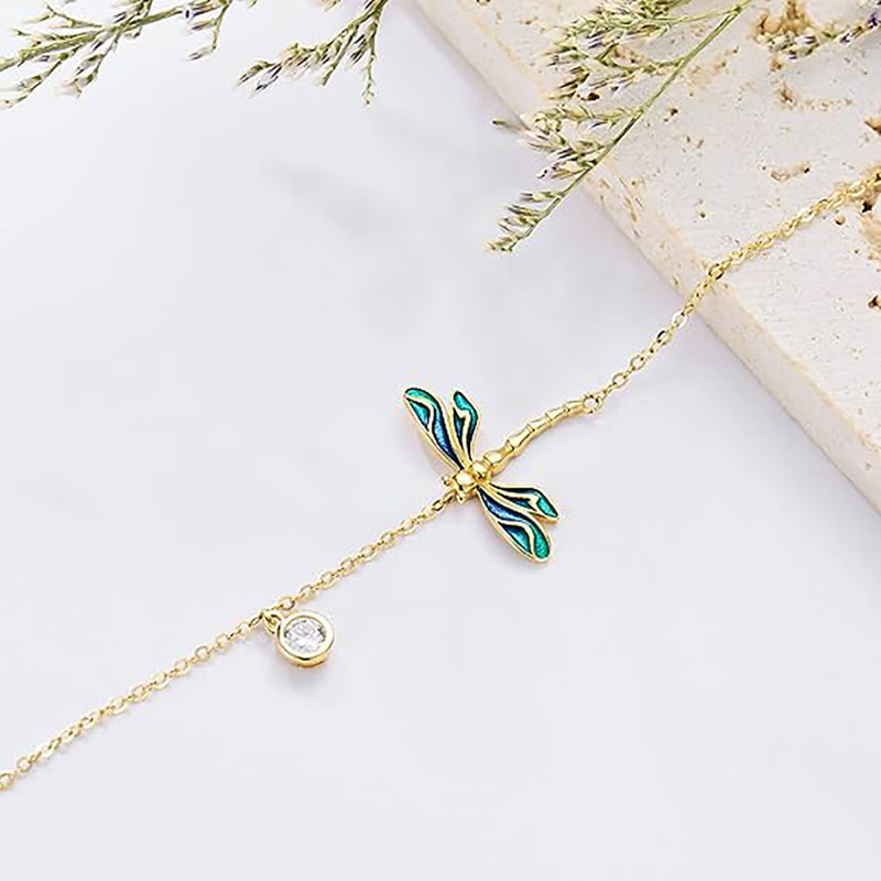 Tornozeleira com pingente de camada única de libélula e zircônia de ouro 18K-3