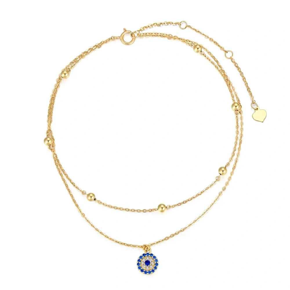 Bracelet de cheville multicouche en or 14 carats avec zircon et mauvais œil-1