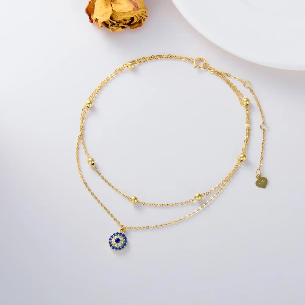 Bracelet de cheville multicouche en or 14 carats avec zircon et mauvais œil-3