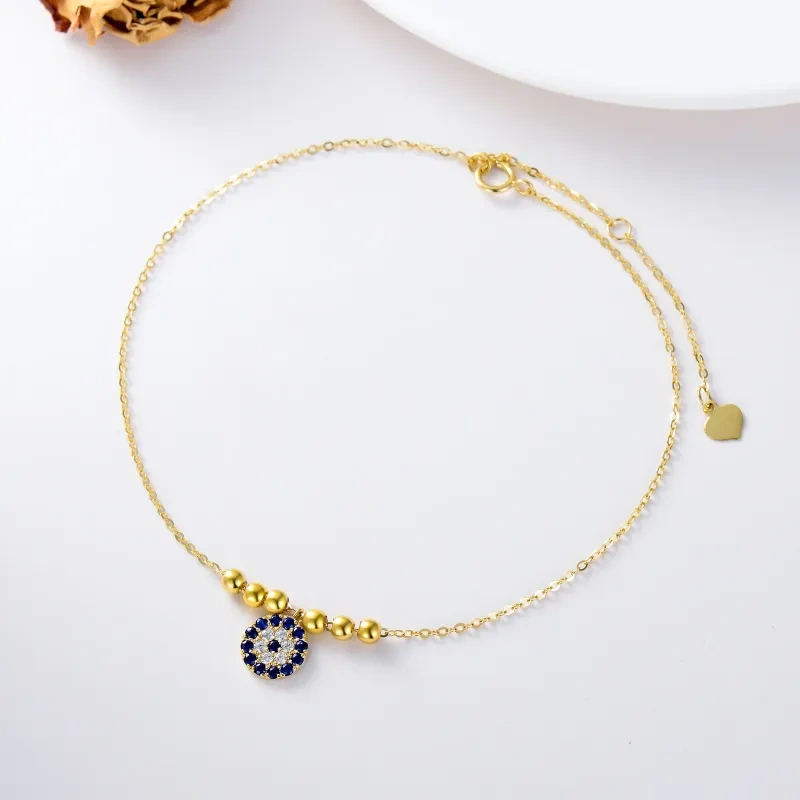 Tornozeleira com pingente de camada única de olho de diabo de zircônia de ouro 14K-3