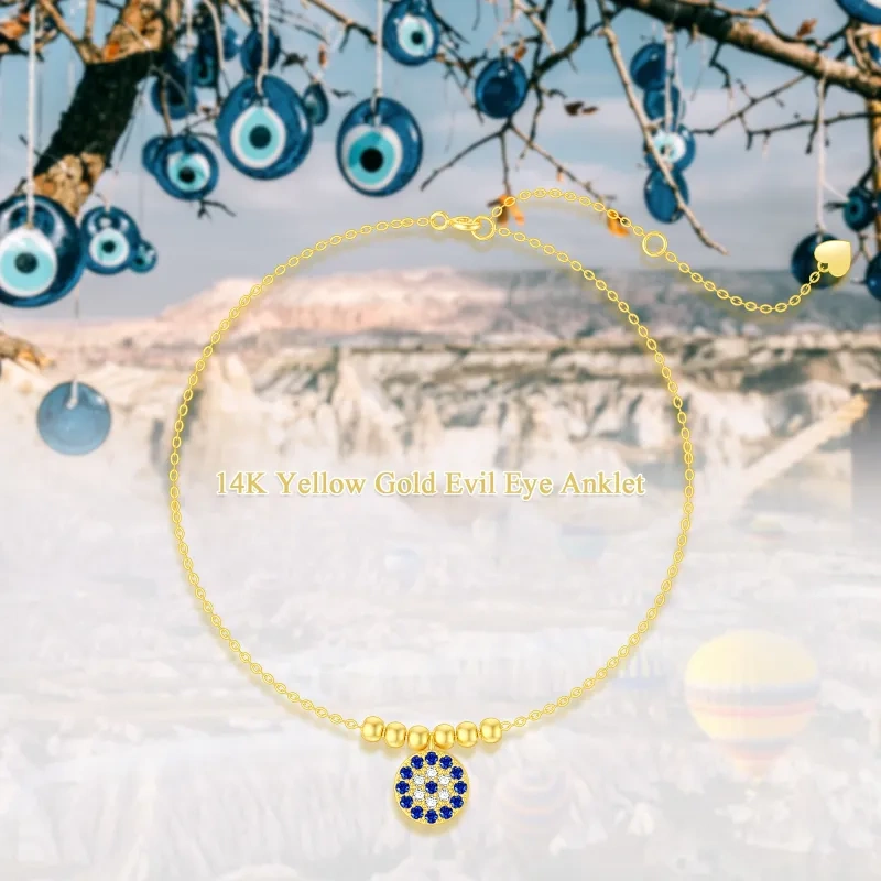 Tornozeleira com pingente de camada única de olho de diabo de zircônia de ouro 14K-6
