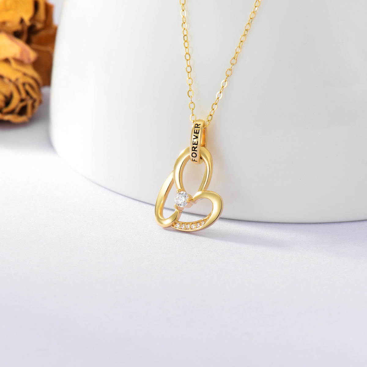 14K Gold Zircon Heart Pendant Necklace with Engraved Word-3