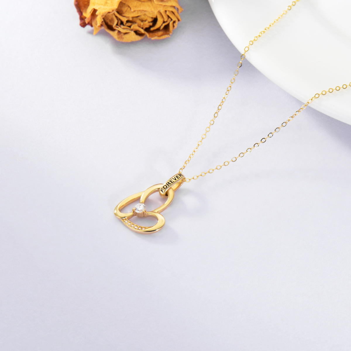 14K Gold Zircon Heart Pendant Necklace with Engraved Word-4