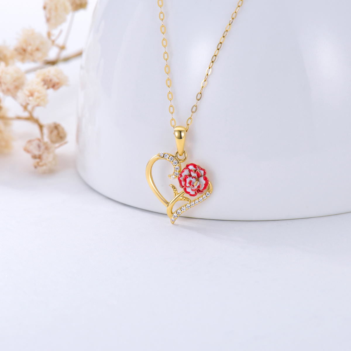 10K Gold Zircon Heart Pendant Necklace-4