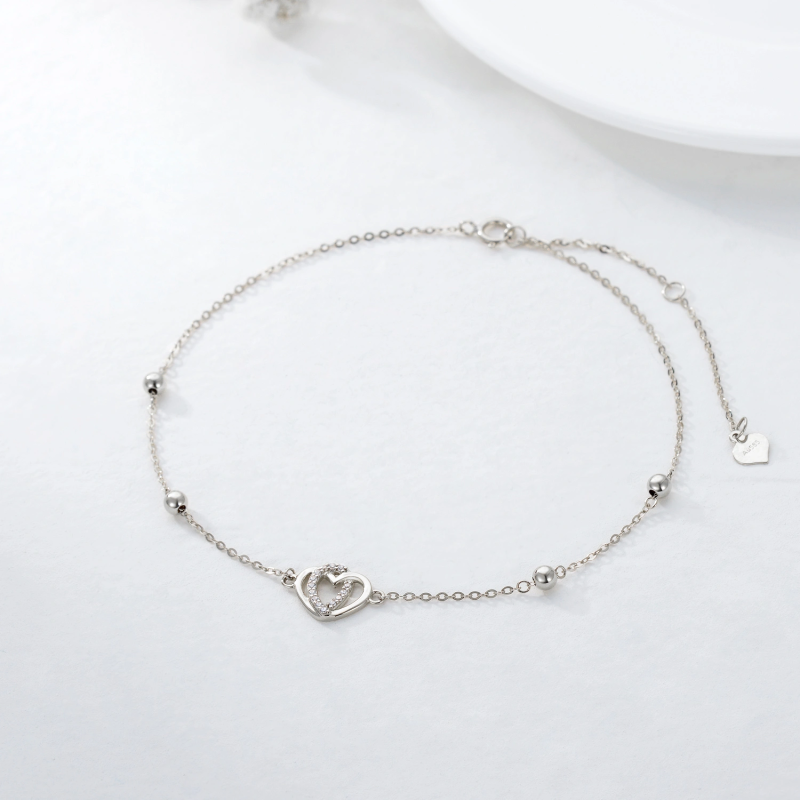 Tobillera de una sola capa con corazón de circonio y oro de 14 quilates-3