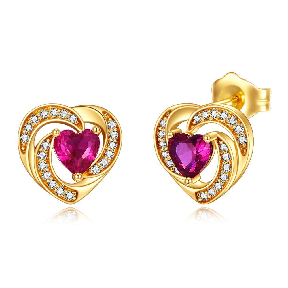 10K Gold Zircon Heart Stud Earrings-1