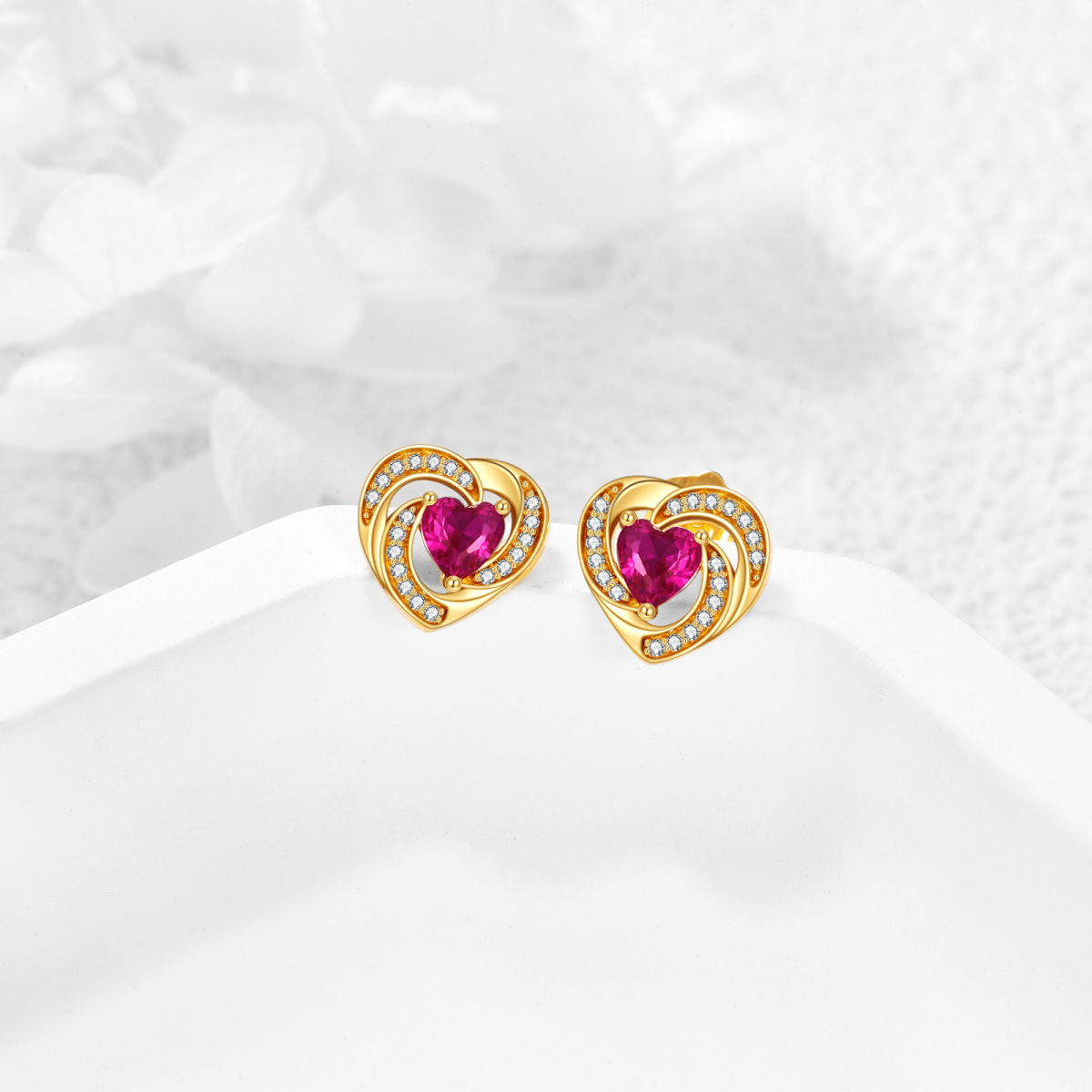 14K Gold Zircon Heart Stud Earrings-3