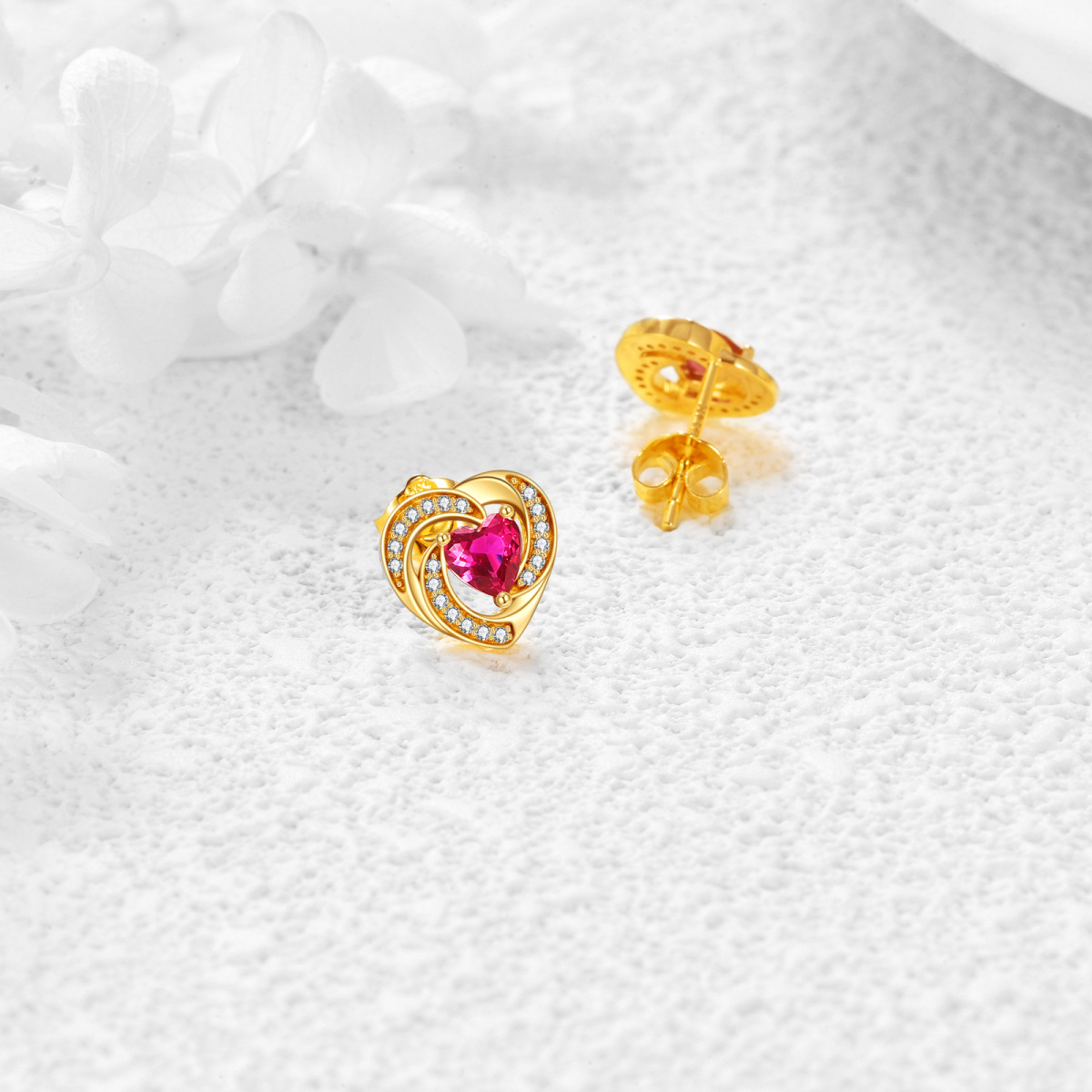 14K Gold Zircon Heart Stud Earrings-4