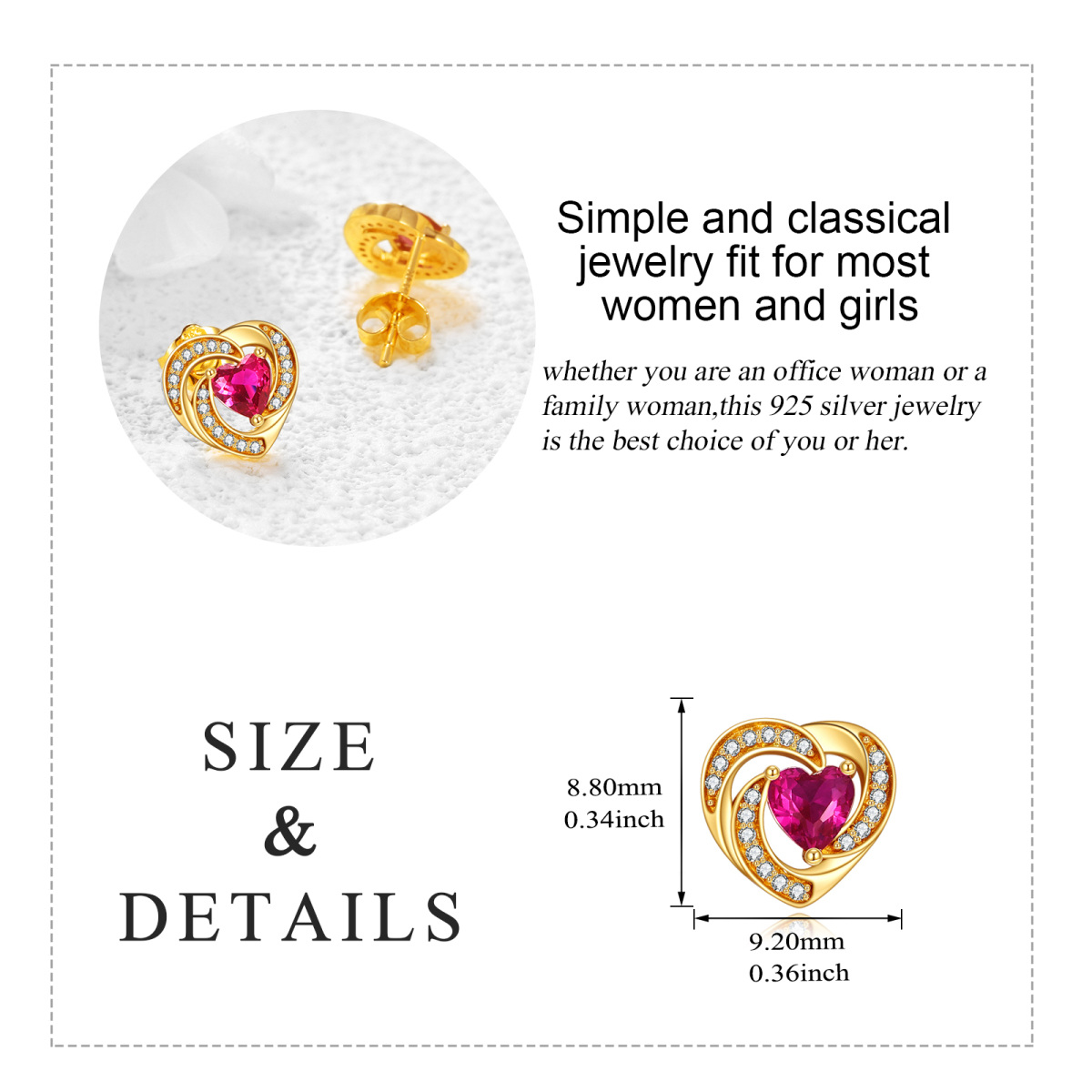 14K Gold Zircon Heart Stud Earrings-5