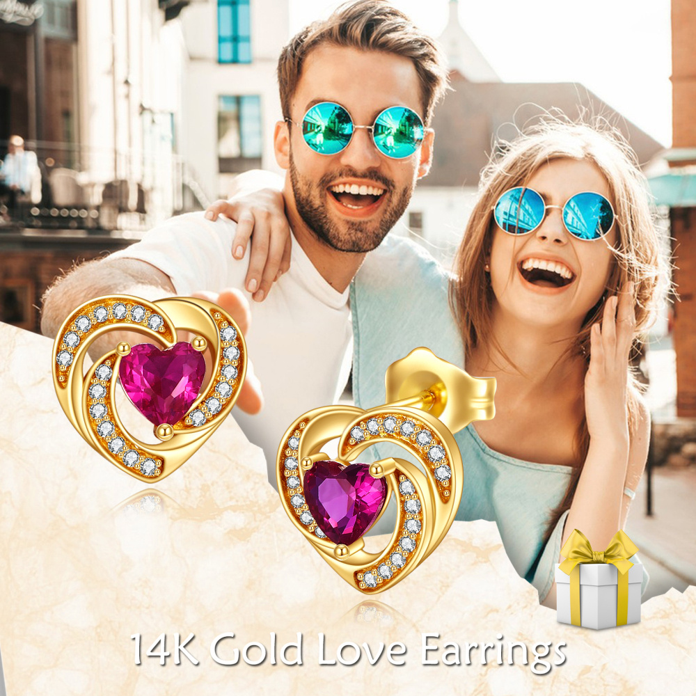 10K Gold Zircon Heart Stud Earrings-6
