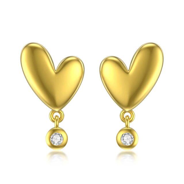 14K Gold Zircon Heart Stud Earrings-1