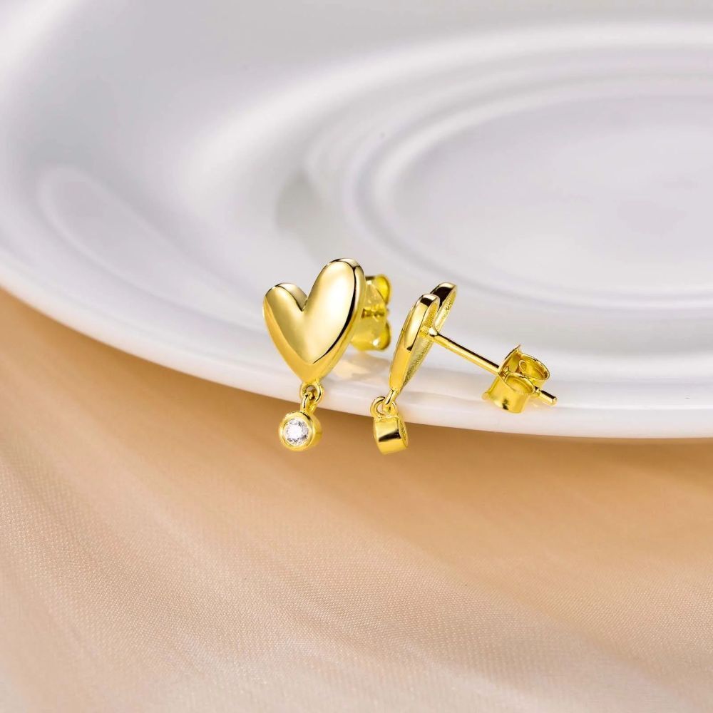 10K Gold Zircon Heart Stud Earrings-3