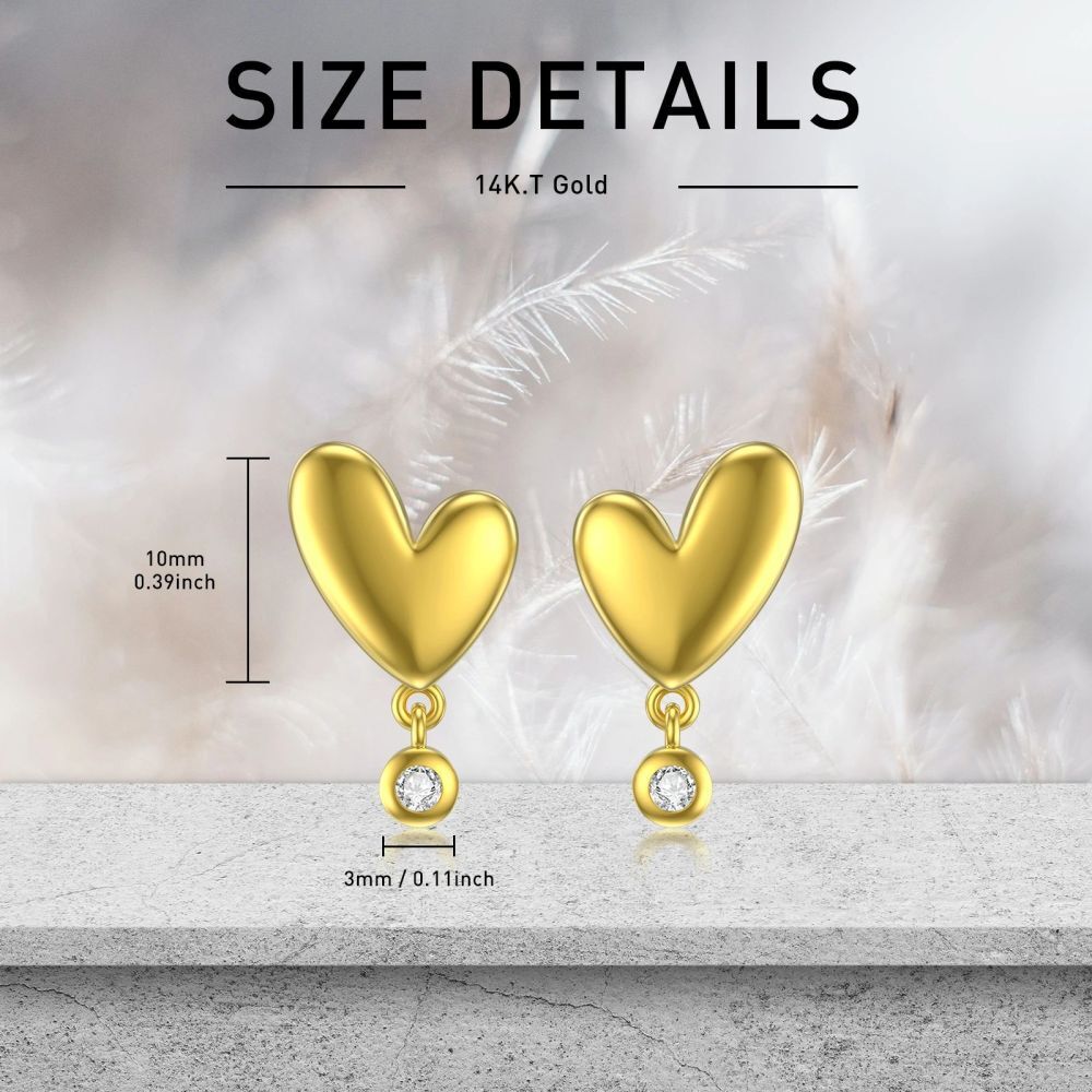 10K Gold Zircon Heart Stud Earrings-4