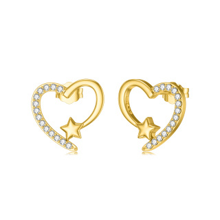 10K Gold Zircon Heart Stud Earrings-8