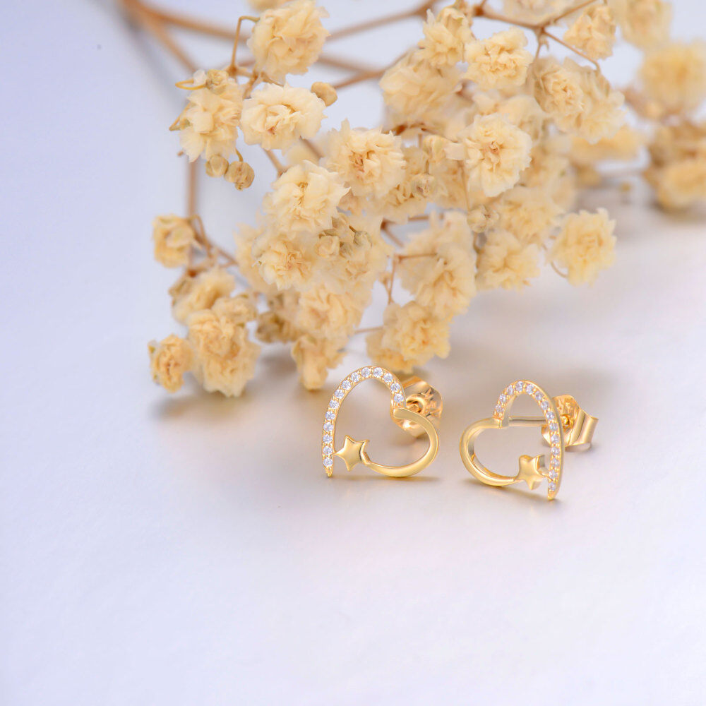 10K Gold Zircon Heart Stud Earrings-3