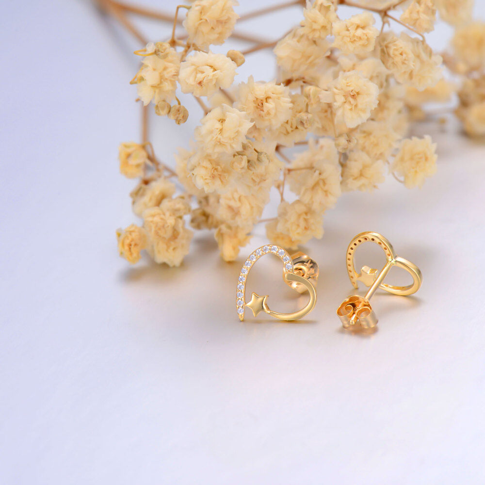 10K Gold Zircon Heart Stud Earrings-4