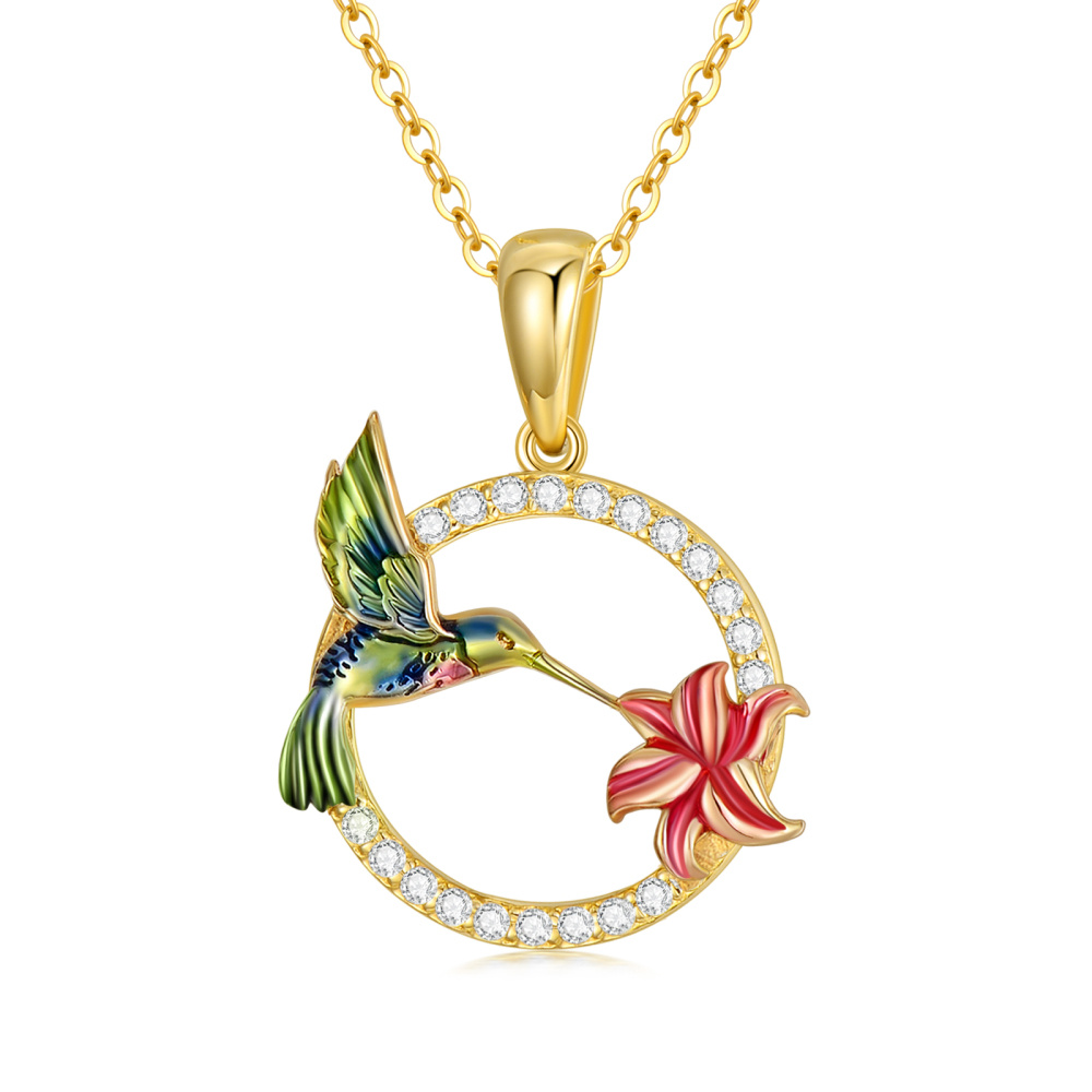 Collar con colgante de colibrí y circonita en oro de 18 quilates-1