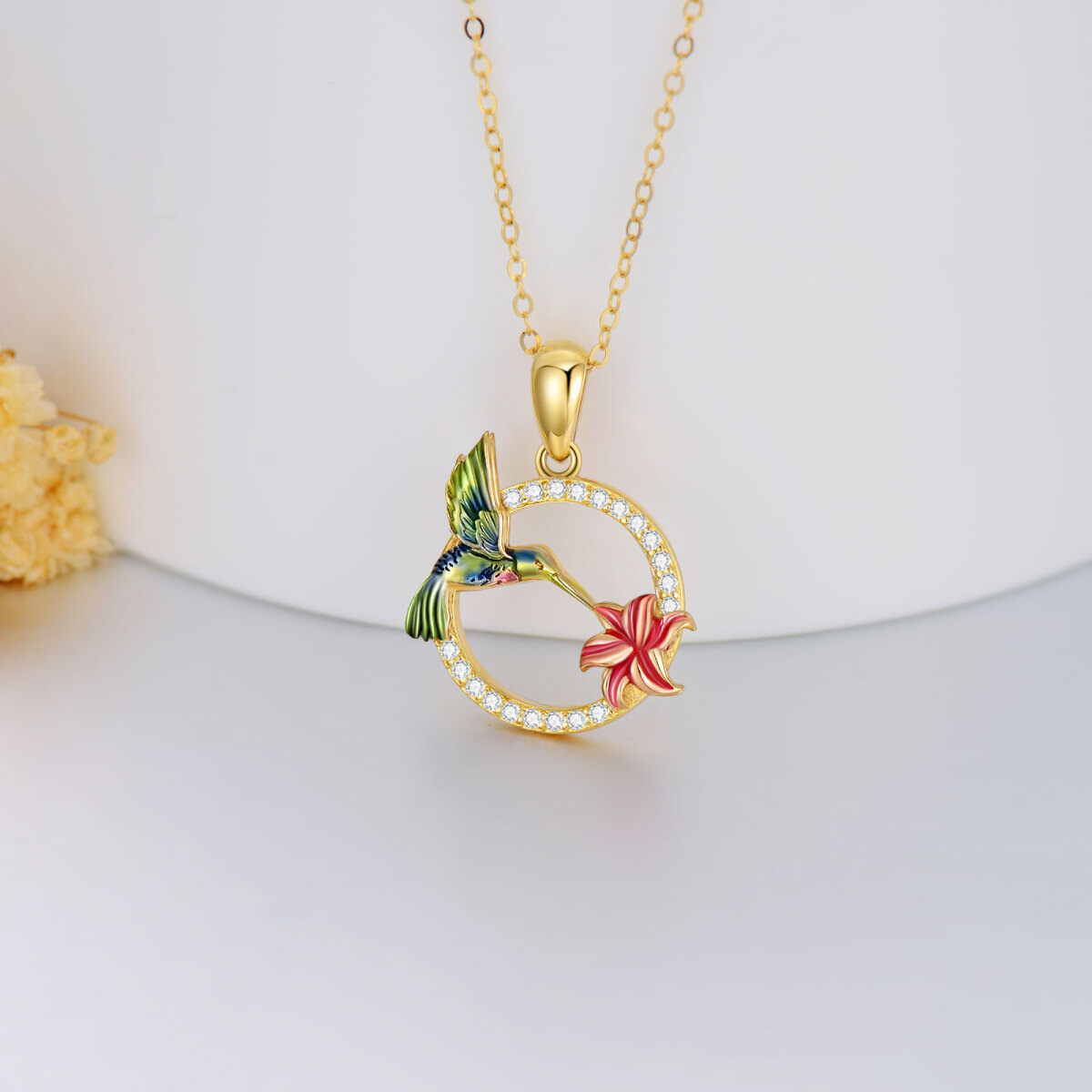 Colar com pingente de beija-flor de zircão em ouro 14K-4