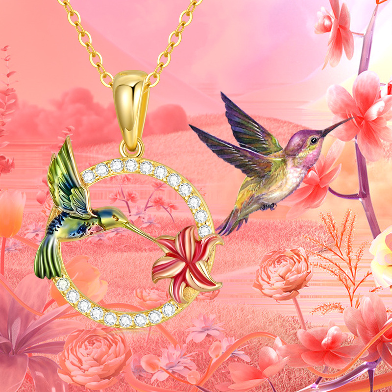 10K Gold Zircon Hummingbird Pendant Necklace-5