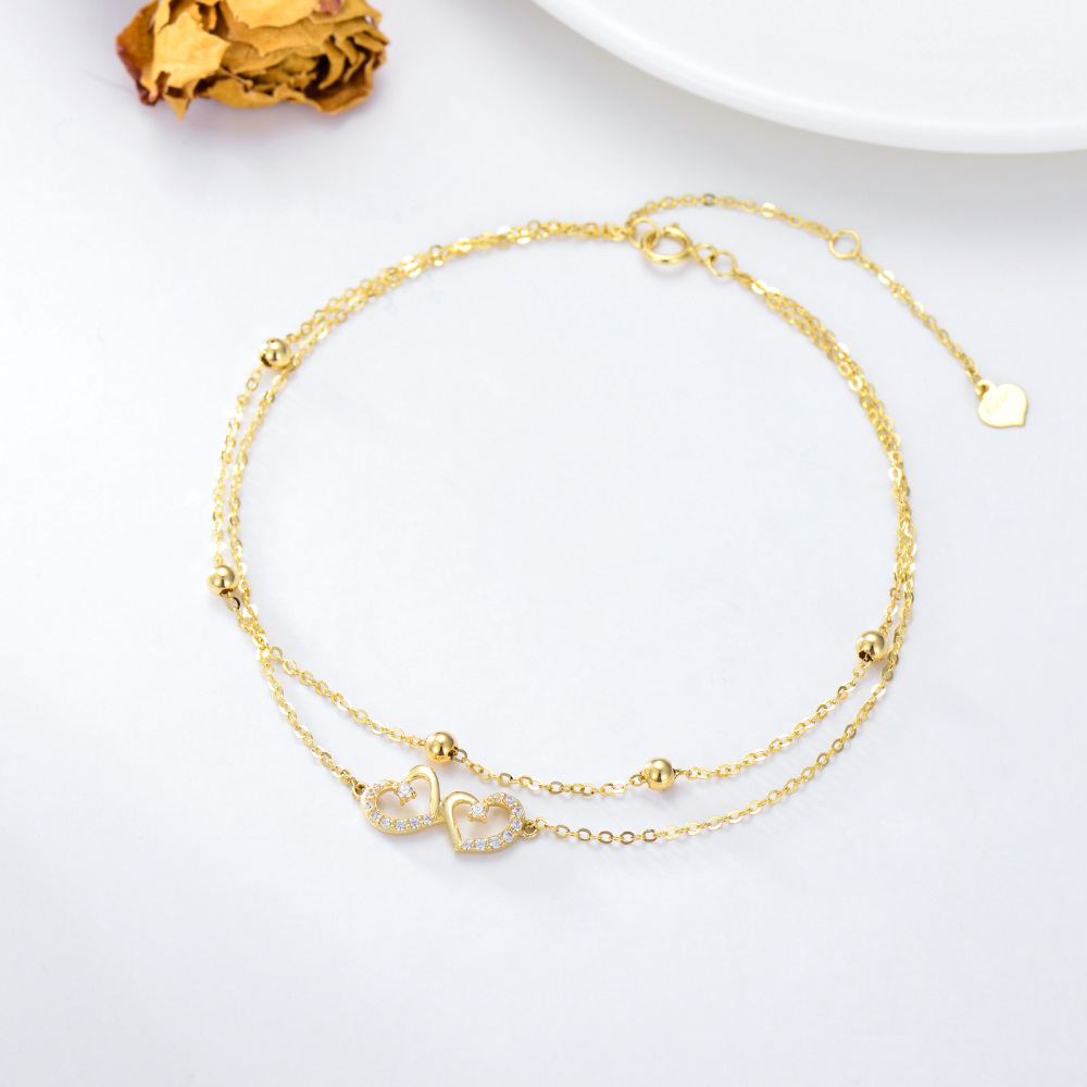 10K Gold Round Cubic Zirconia Bead & Heart With Heart Multi-layered Charm Anklet-3