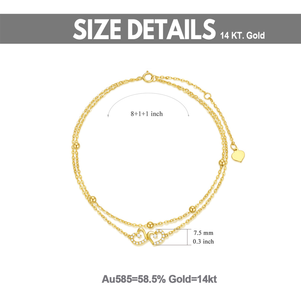 10K Gold Round Cubic Zirconia Bead & Heart With Heart Multi-layered Charm Anklet-5