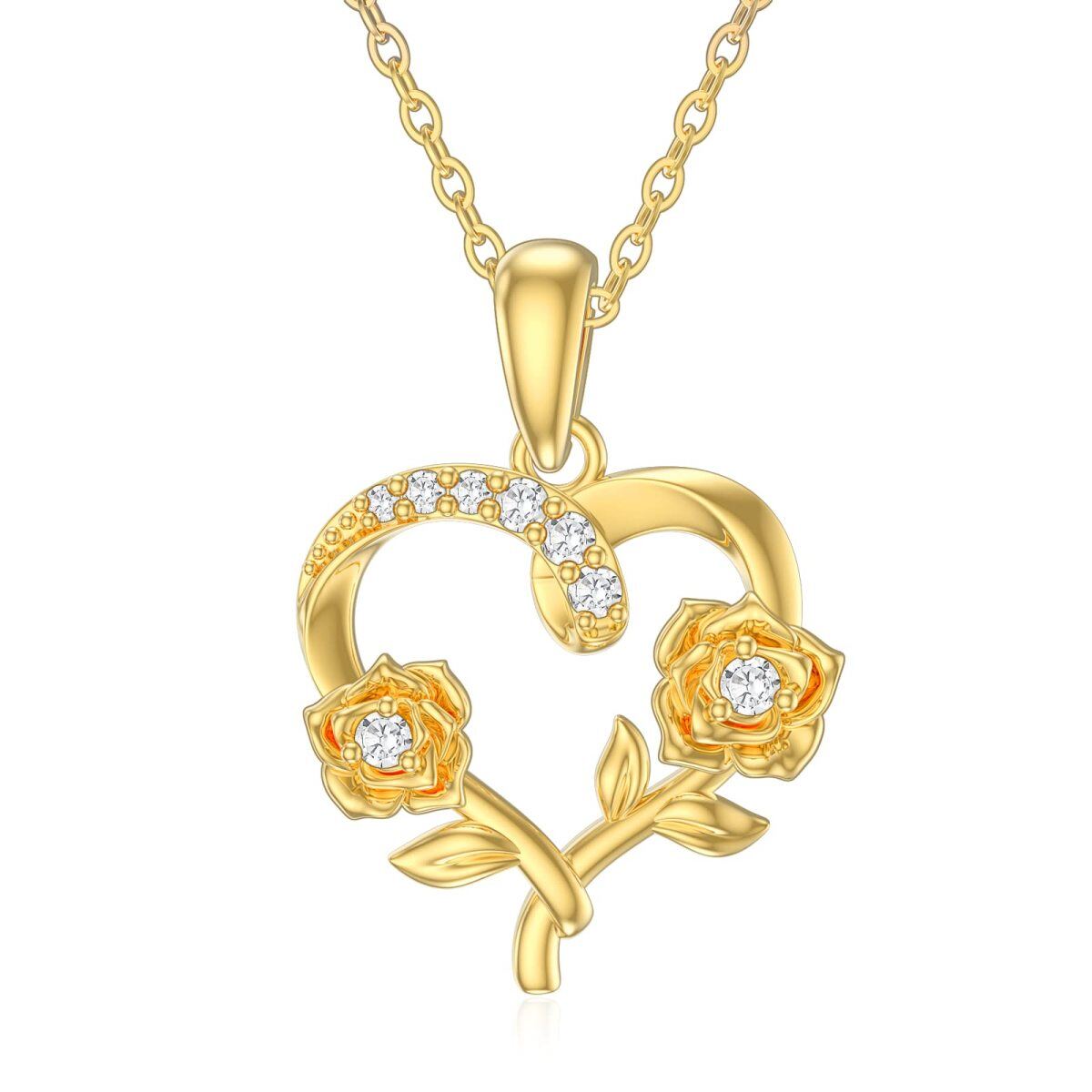 Colar com pingente rosa de zircão em ouro 14K para mulheres-1