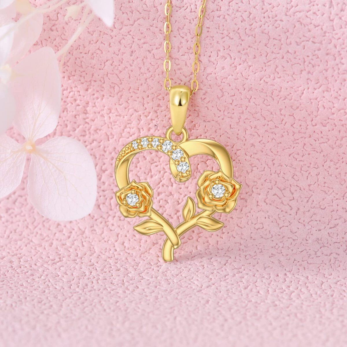 Colar com pingente rosa de zircão em ouro 14K para mulheres-3