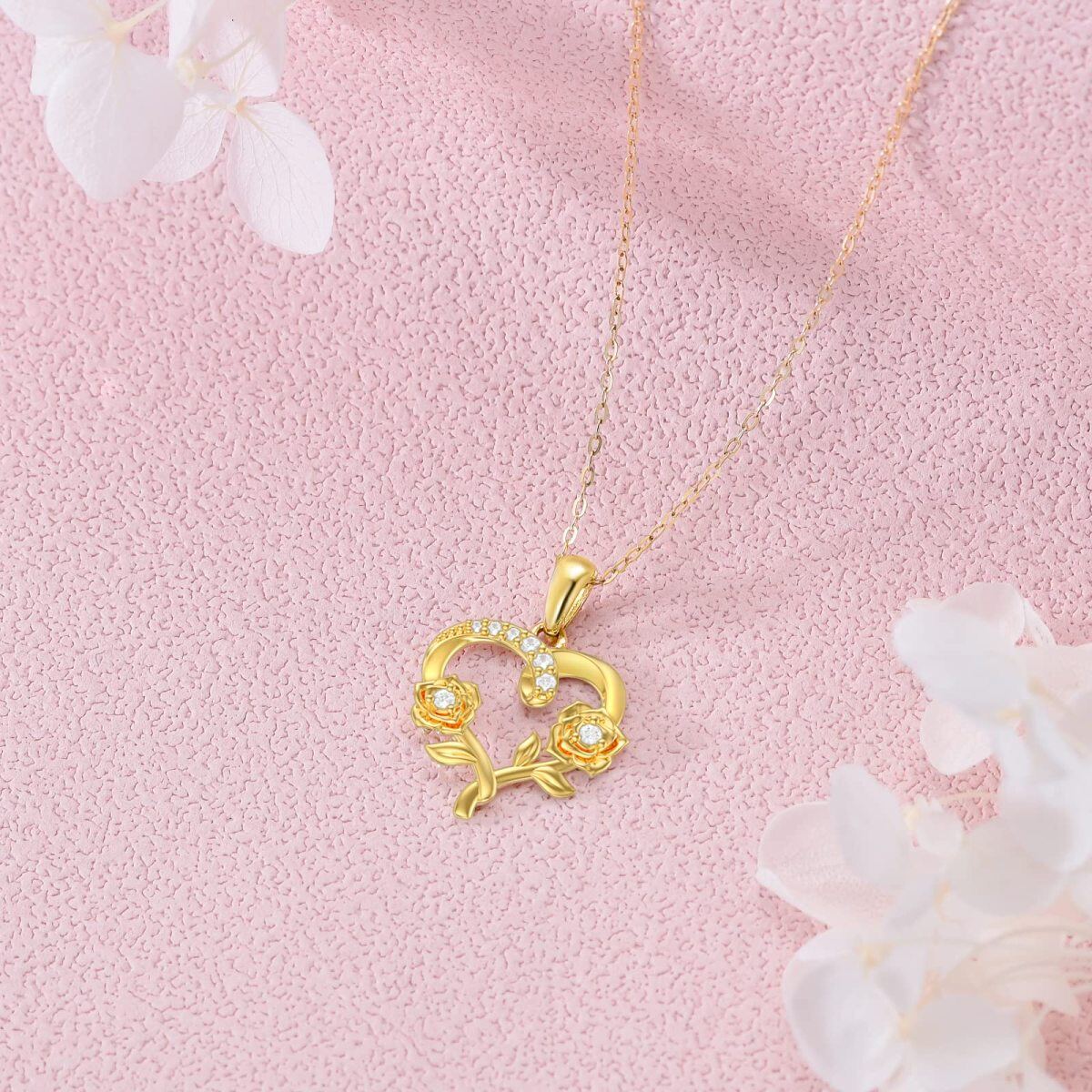 Colar com pingente rosa de zircão em ouro 14K para mulheres-4