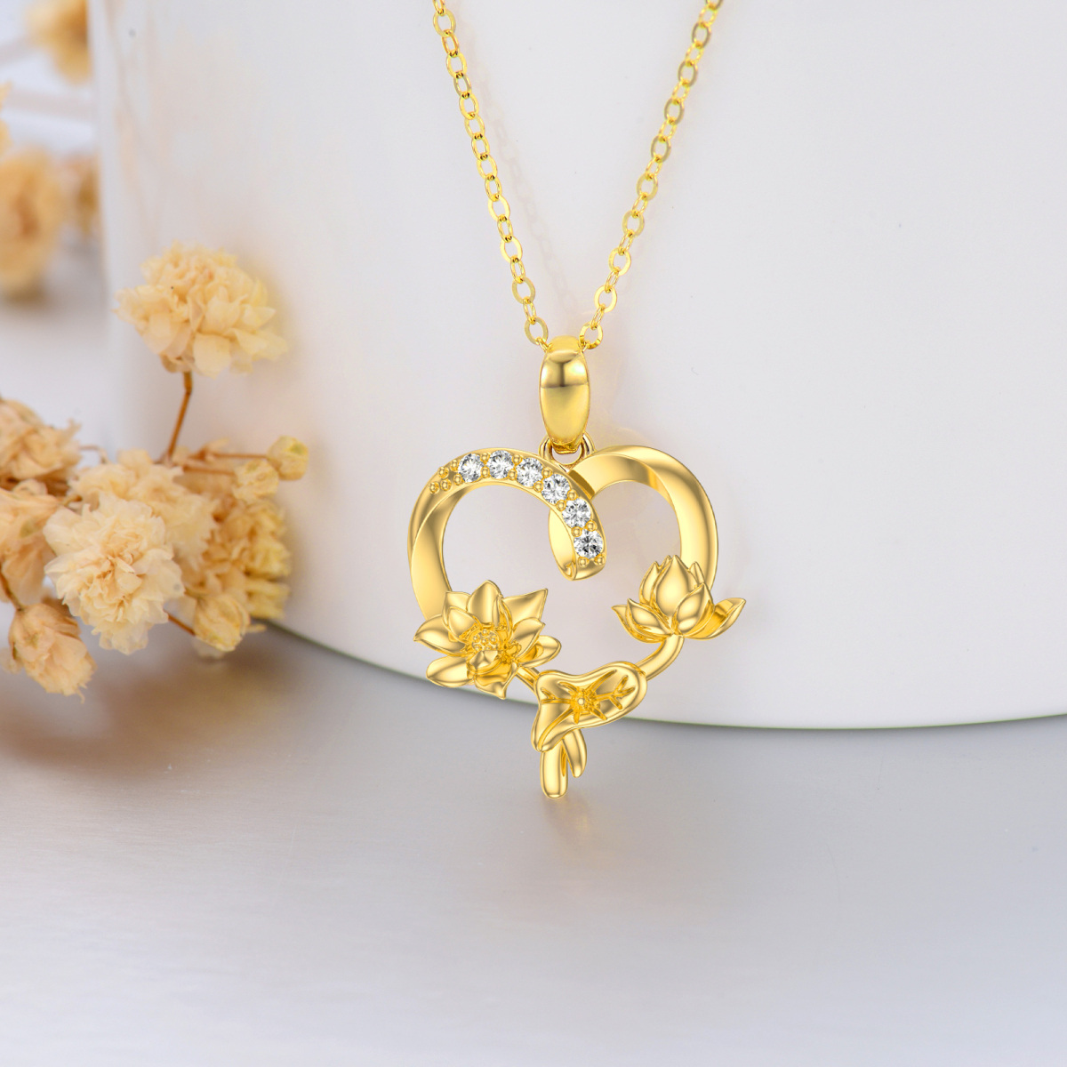 10K Gold Zircon Lotus Pendant Necklace For Women-4