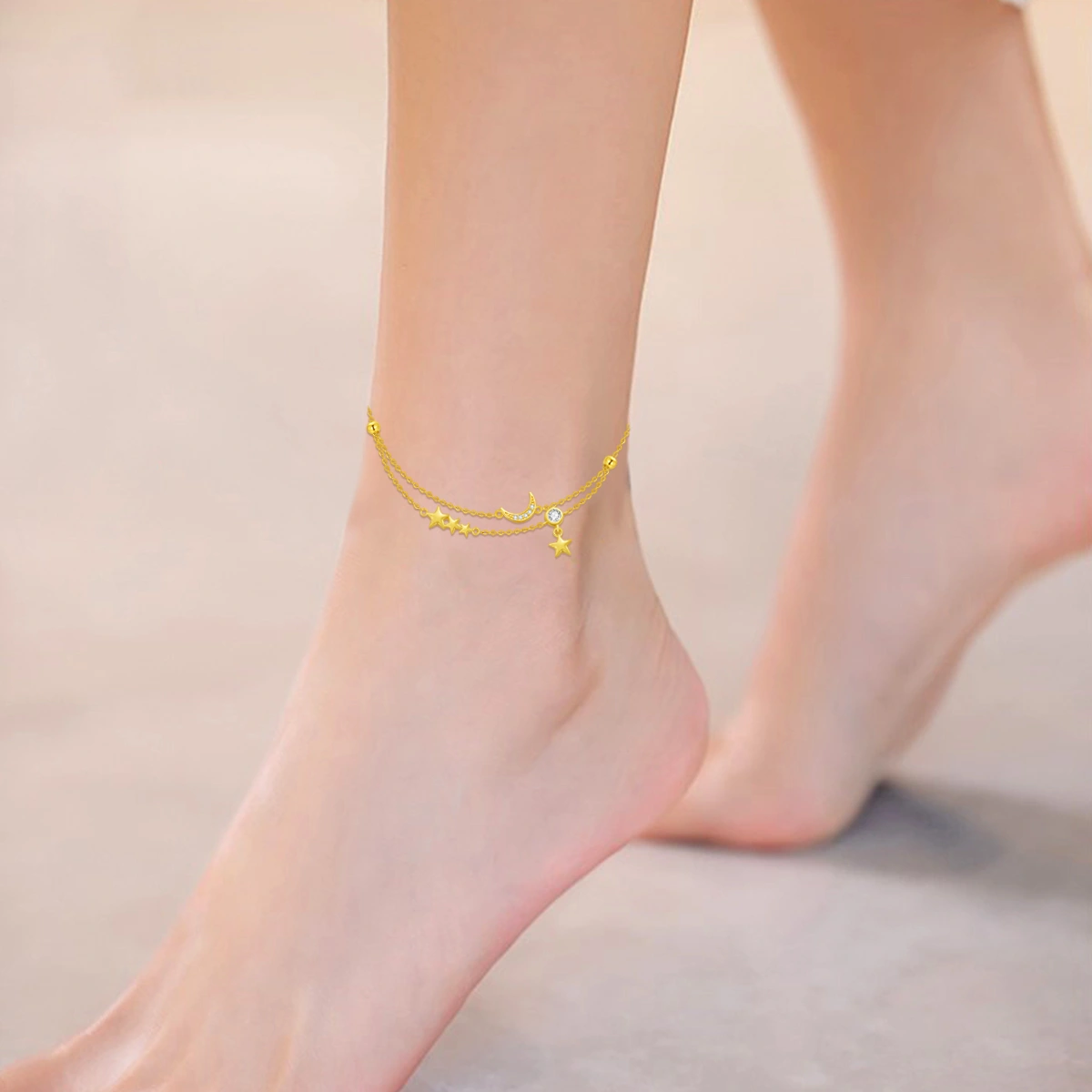 14K Gold Zircon Moon Multi-layered Anklet-2