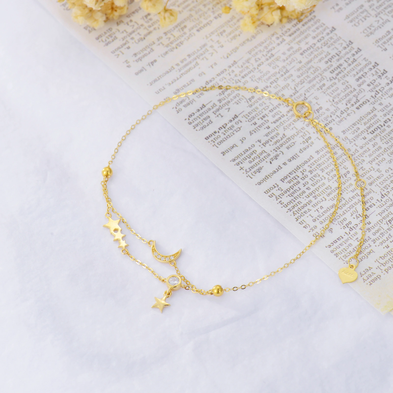 Bransoletka na kostkę z wielowarstwowym księżycem i cyrkonią 10K złota-3