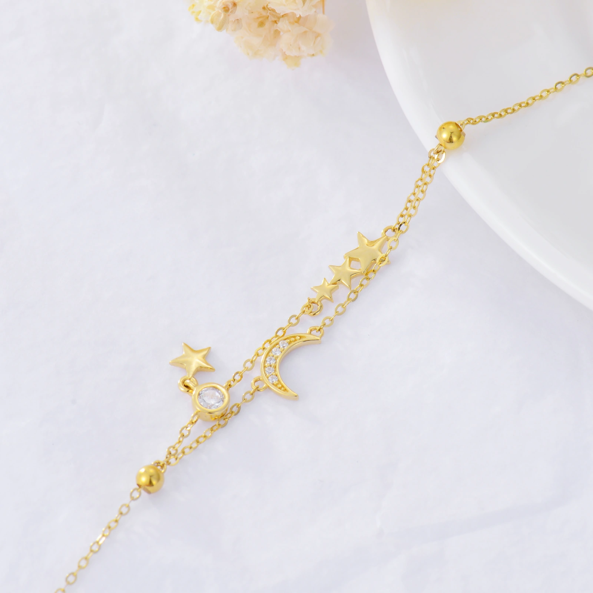 14K Gold Zircon Moon Multi-layered Anklet-4