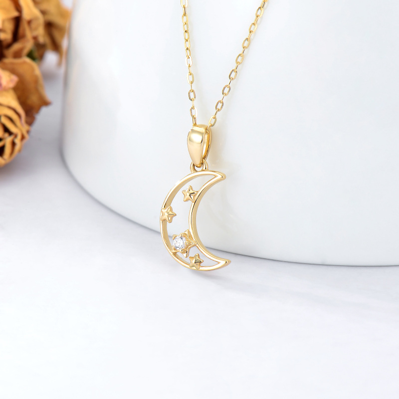 10K Gold Zircon Moon Pendant Necklace-3