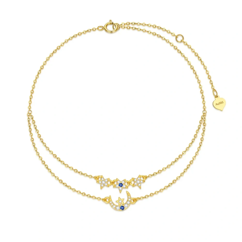 10K Gold Zircon Moon & Star Multi-layered Charm Anklet-1