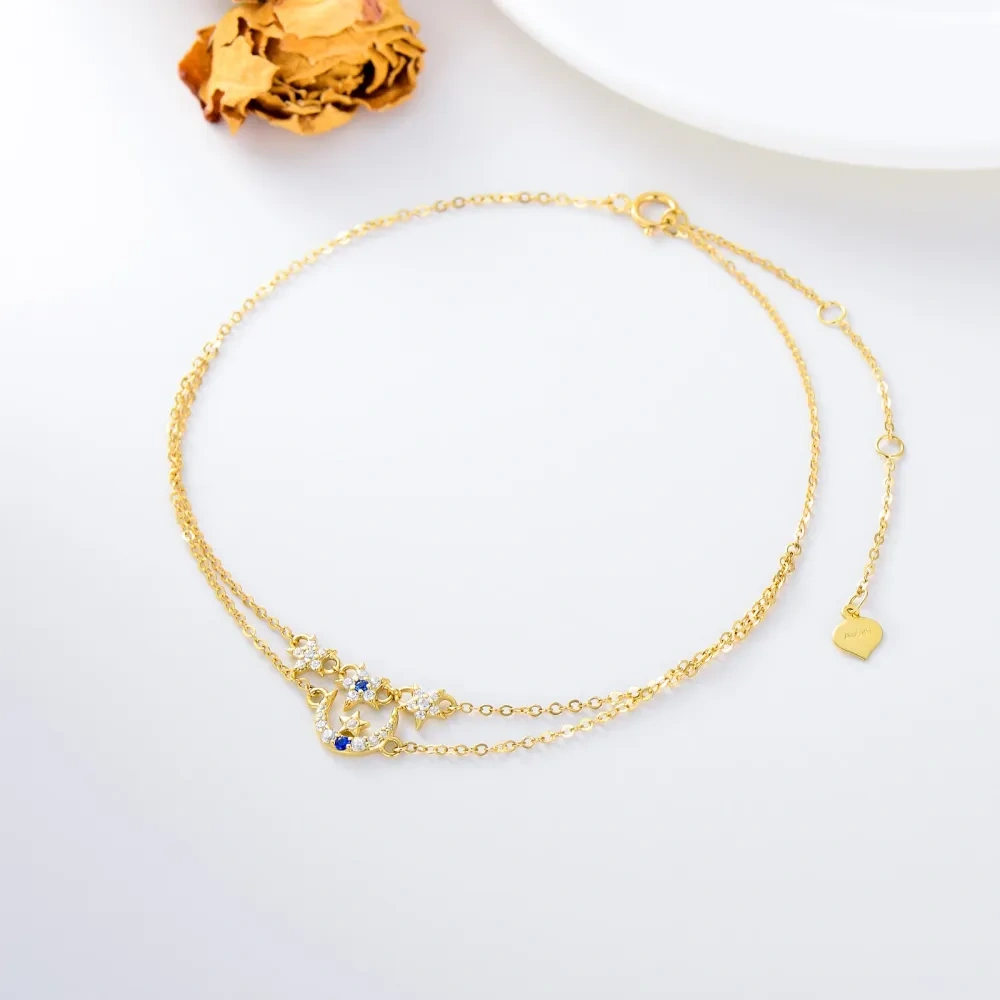 10K Gold Zircon Moon & Star Multi-layered Charm Anklet-3