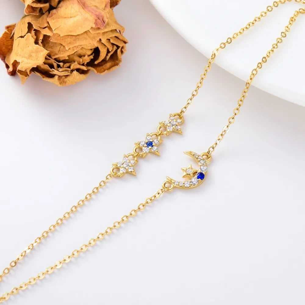 10K Gold Zircon Moon & Star Multi-layered Charm Anklet-4