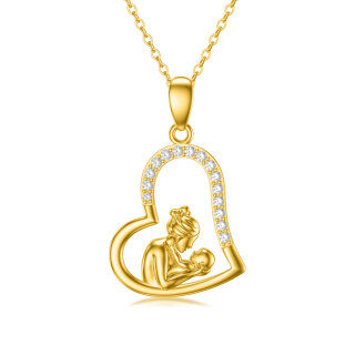 10K Gold Zircon Mother & Daughter Heart Pendant Necklace-27