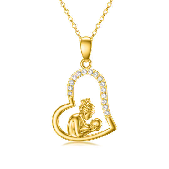 14K Gold Zircon Mother & Daughter Heart Pendant Necklace