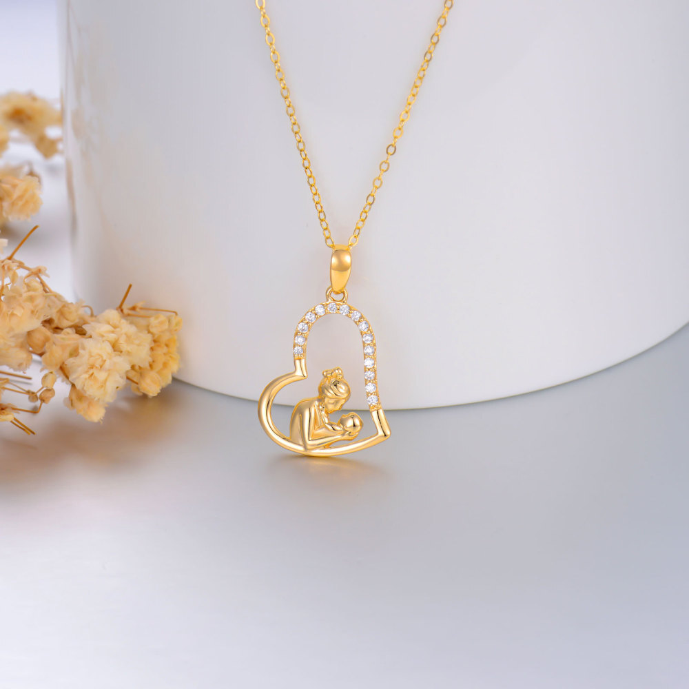 Colar com pingente de coração mãe e filha em zircão de ouro 10K-4
