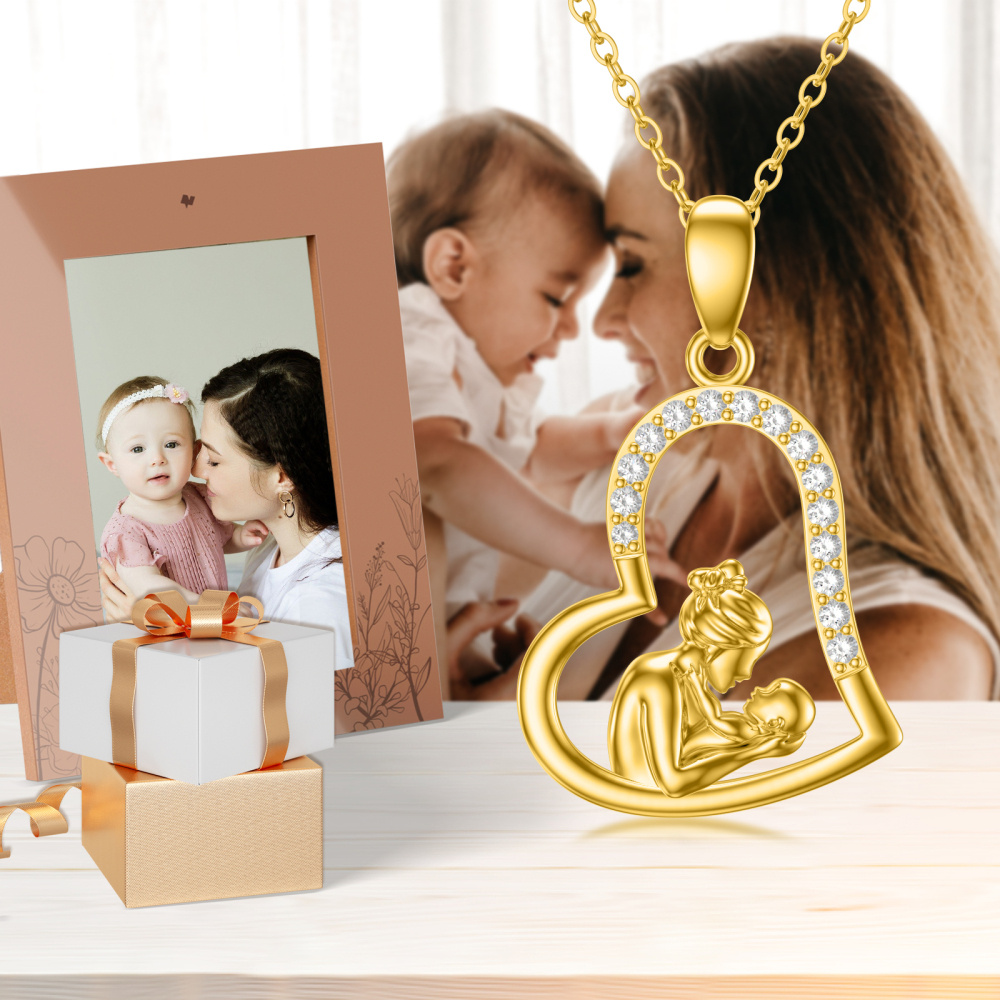 Colar com pingente de coração mãe e filha em zircão de ouro 10K-5