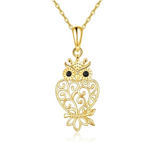 Colar com pingente de coruja de filigrana de zircão em ouro amarelo 14K para mulheres