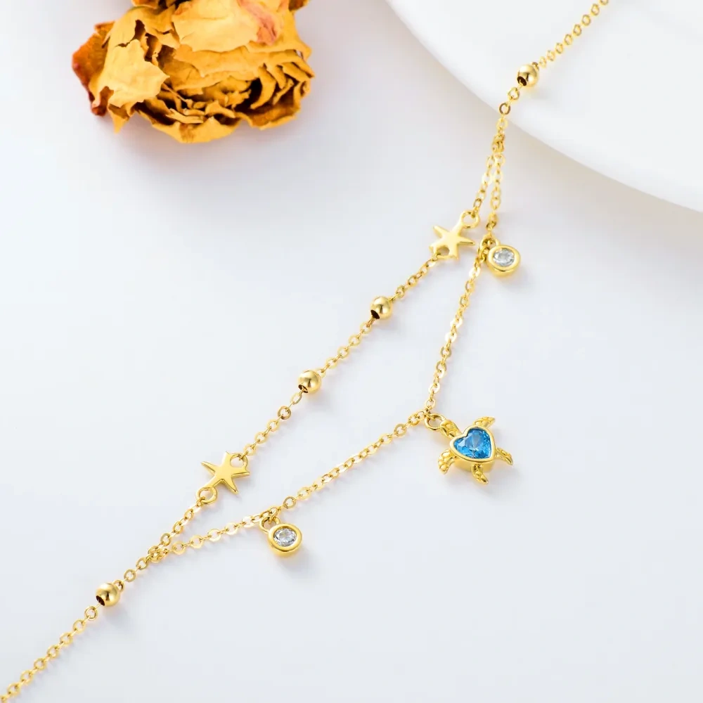 14 Karat Gold Zirkon Meeresschildkröte Seestern Mehrschichtiges Charm Fußkettchen-3