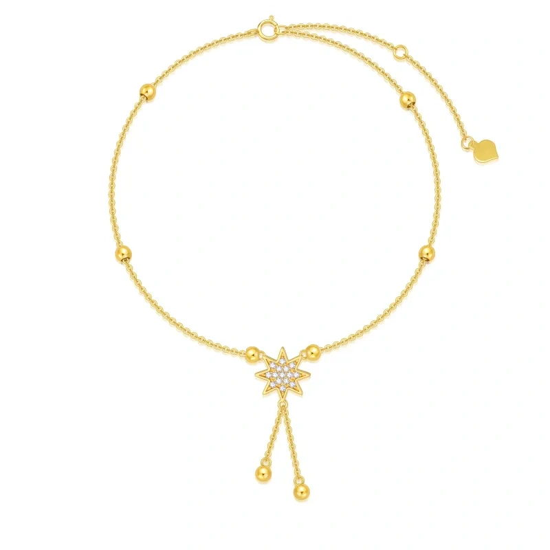 Tornozeleira com pingente de camada única de estrela e miçangas de zircônia de ouro 10K-11