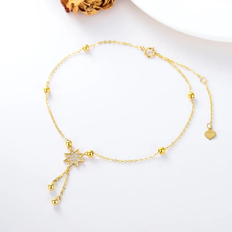 10K Gold Zircon Bead & Star Single Layer Charm Anklet-3