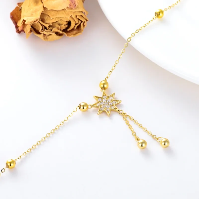 10K Gold Zircon Bead & Star Single Layer Charm Anklet-4