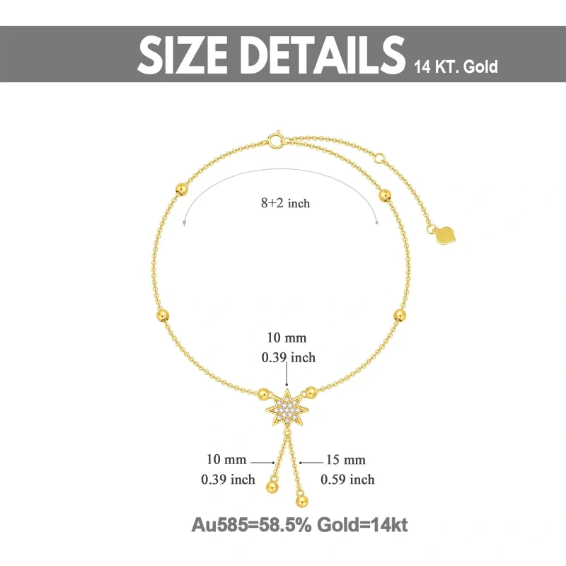 10K Gold Zircon Bead & Star Single Layer Charm Anklet-5