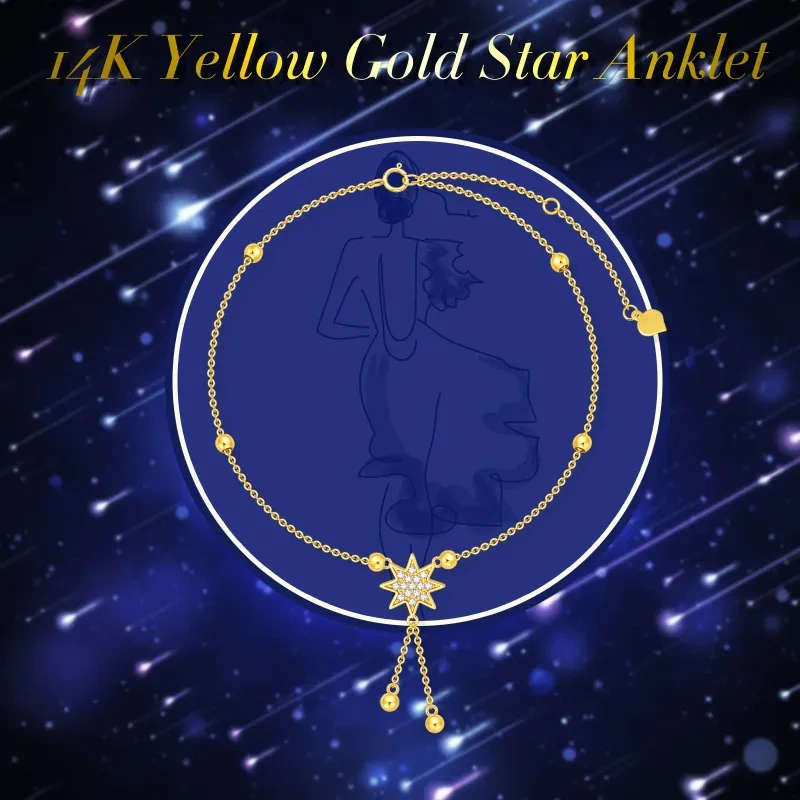 10K Gold Zircon Bead & Star Single Layer Charm Anklet-6
