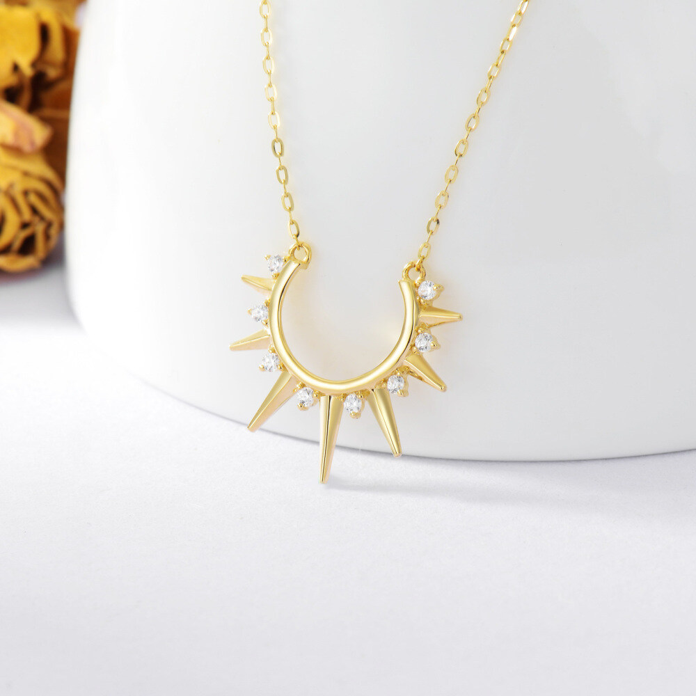 10K Gold Zircon Sun Pendant Necklace-3